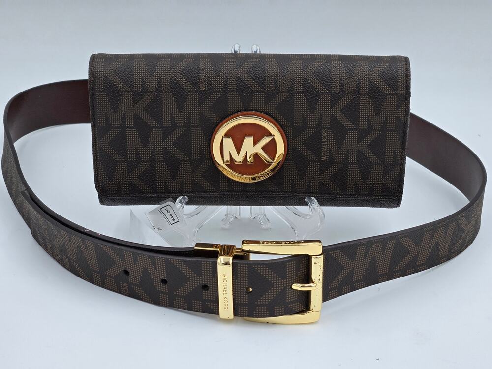 Michael Kors Signature Monogram Wallet + XL MK Logo Belt Bundle